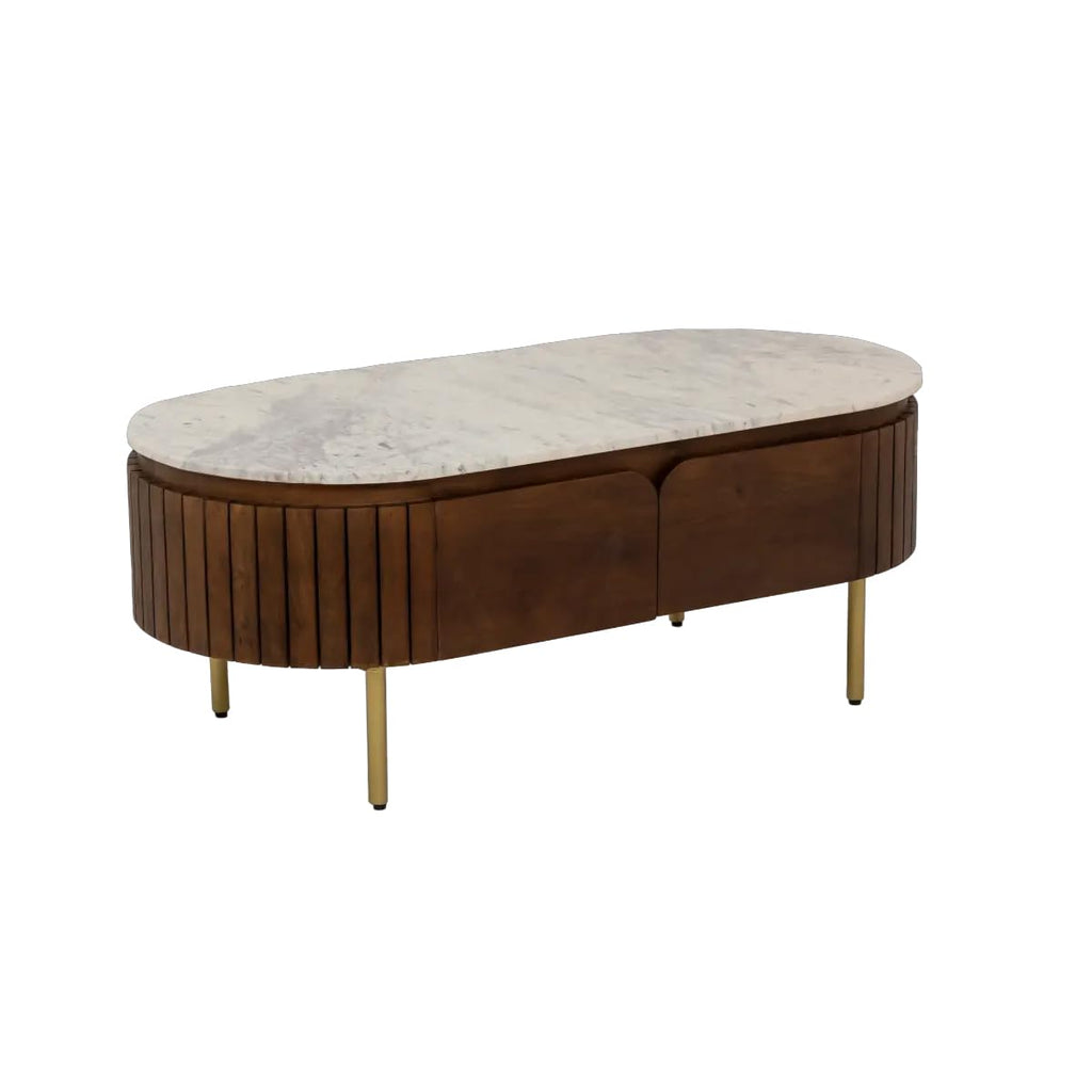 Modern Oval Coffee Table – Wooden Center Table with Marble-Top Look & Drawers