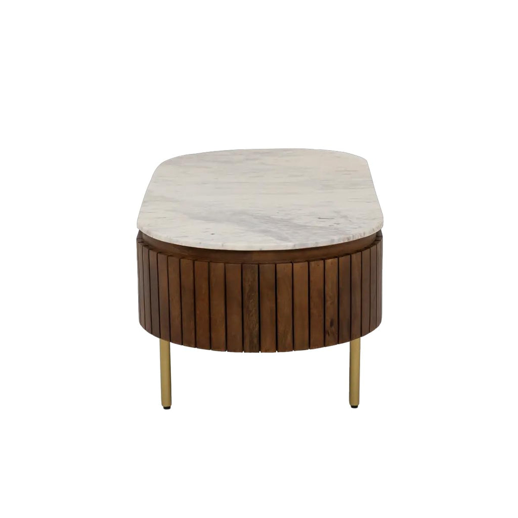 Modern Oval Coffee Table – Wooden Center Table with Marble-Top Look & Drawers