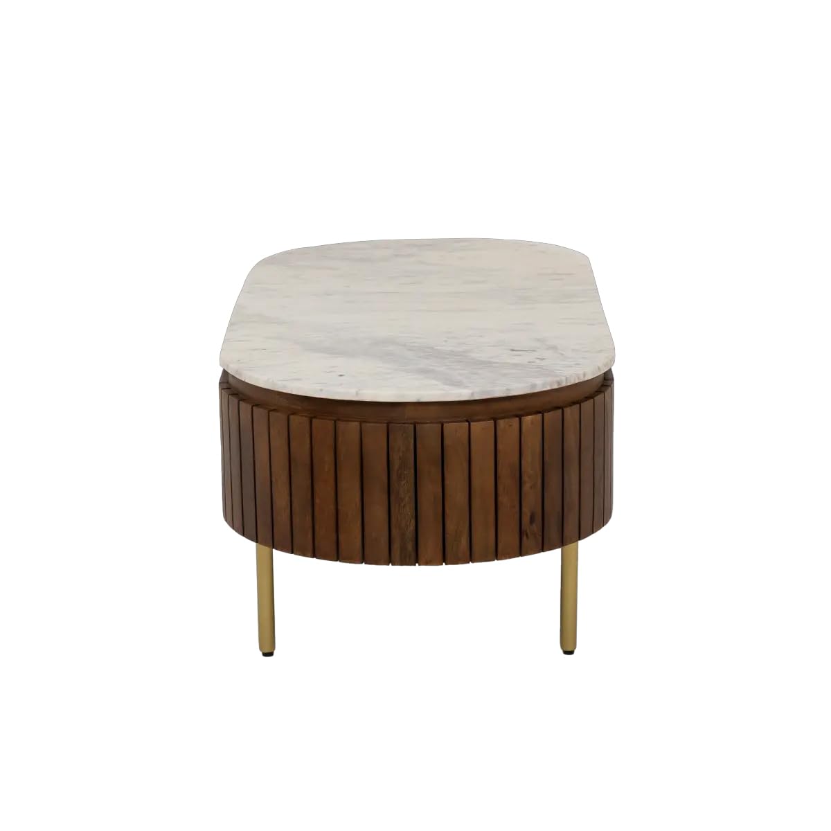 Modern Oval Coffee Table – Wooden Center Table with Marble-Top Look & Drawers