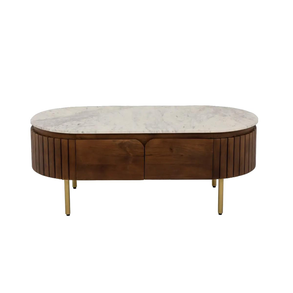 Modern Oval Coffee Table – Wooden Center Table with Marble-Top Look & Drawers