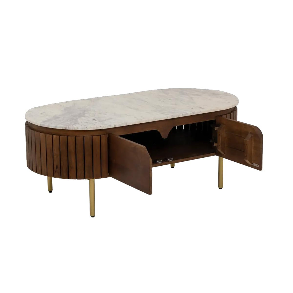 Modern Oval Coffee Table – Wooden Center Table with Marble-Top Look & Drawers