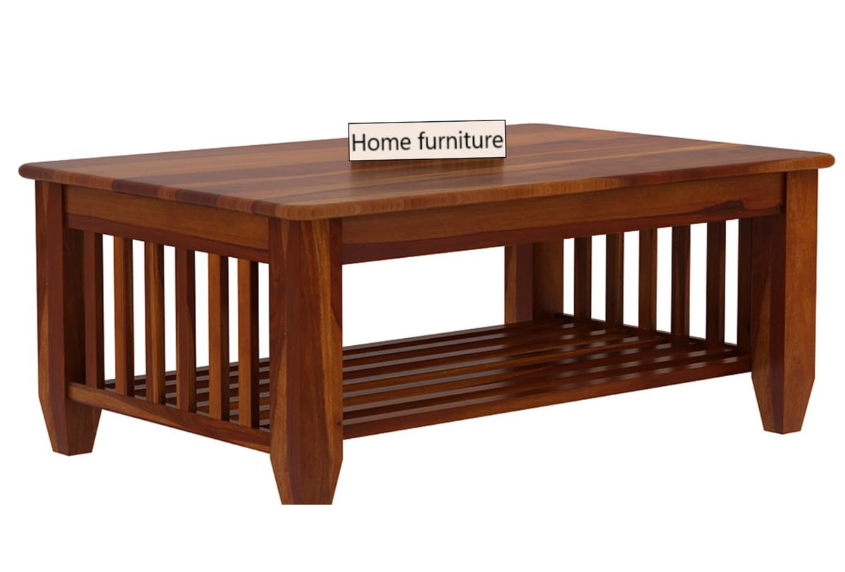 Wooden Coffee Table – Rustic Center Table with Slatted Lower Shelf