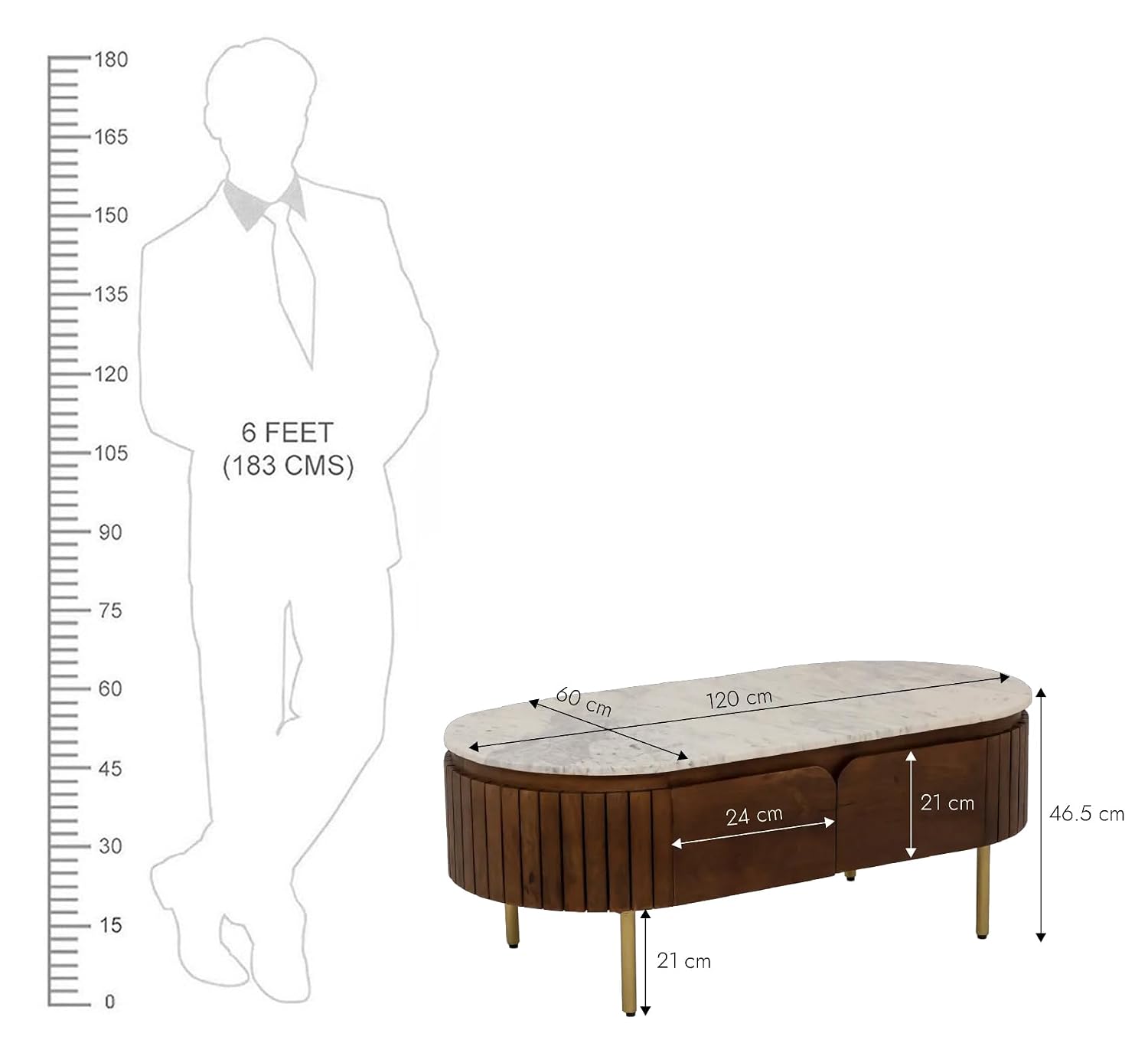 Modern Oval Coffee Table – Wooden Center Table with Marble-Top Look & Drawers