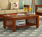 Wooden Coffee Table – Rustic Center Table with Slatted Lower Shelf