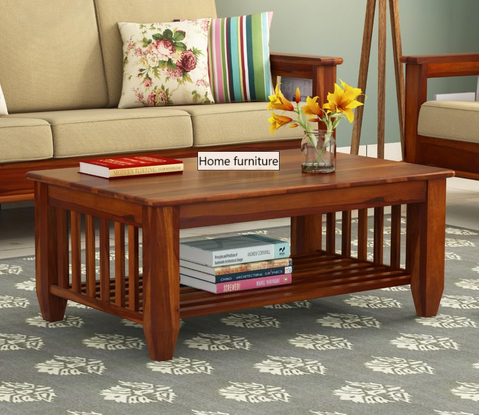 Wooden Coffee Table – Rustic Center Table with Slatted Lower Shelf