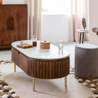 Modern Oval Coffee Table – Wooden Center Table with Marble-Top Look & Drawers