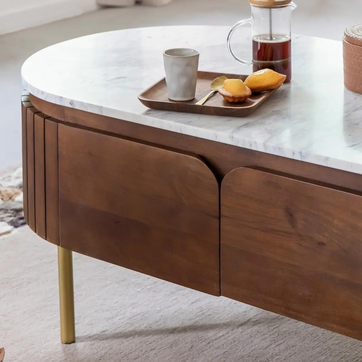 Modern Oval Coffee Table – Wooden Center Table with Marble-Top Look & Drawers