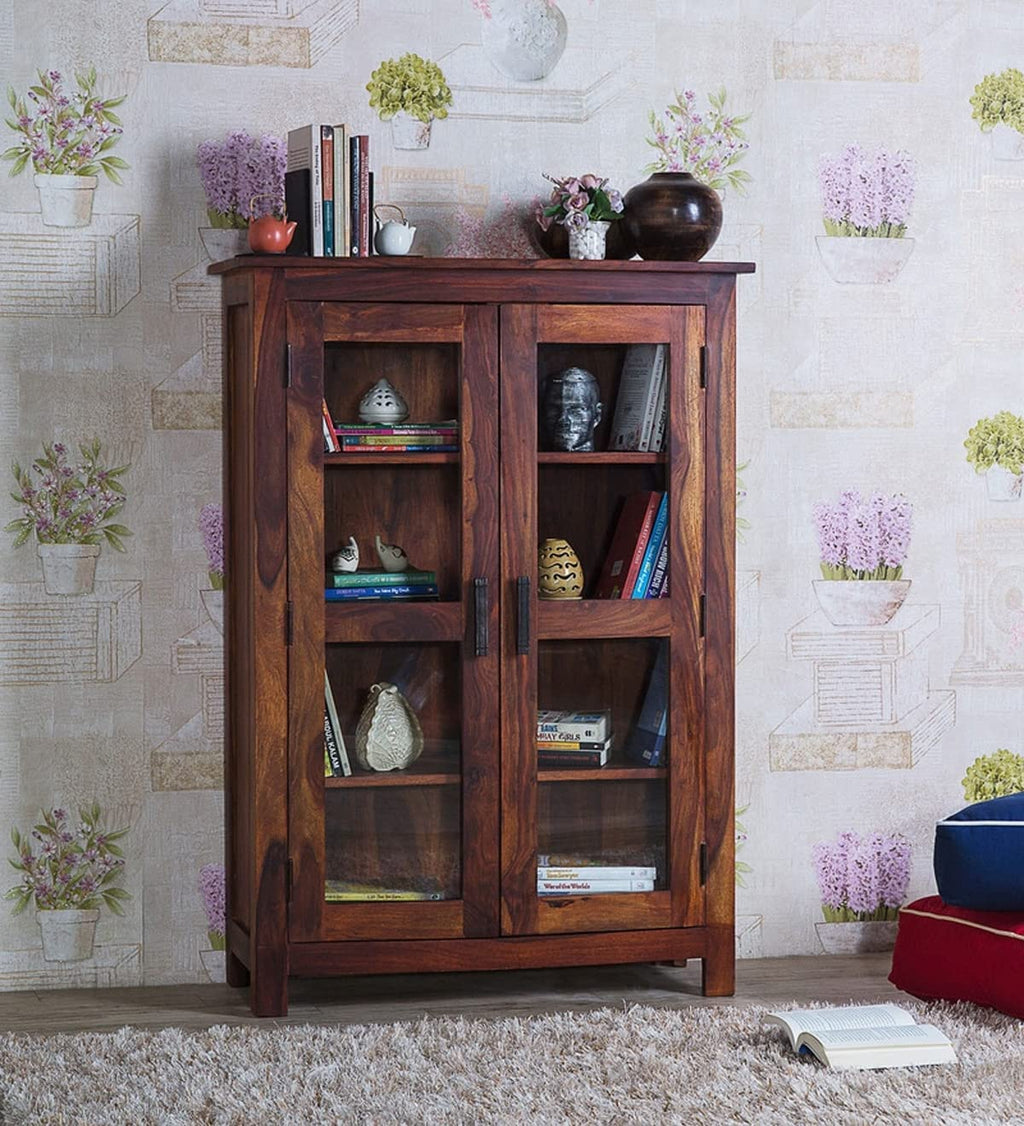 Wooden Bookcase Cabinet – Glass Door Bookshelf with Open Storage Shelves