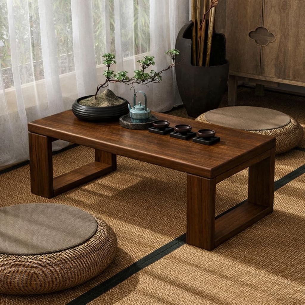 Modern Wooden Coffee Table – Japanese Style Center Table with Lower Shelf
