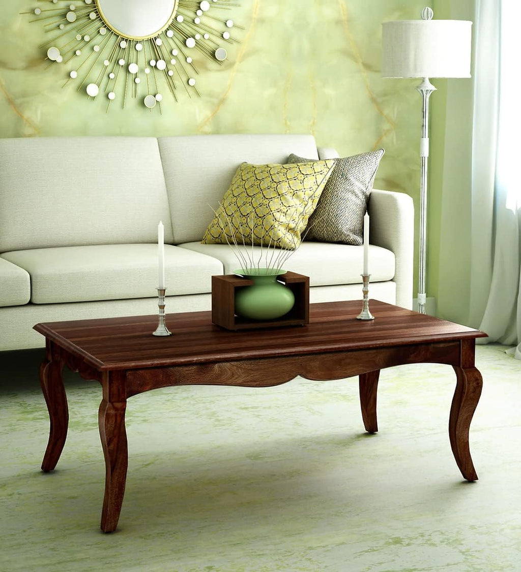 Traditional Wooden Coffee Table – Elegant Carved Center Table with Curved Legs