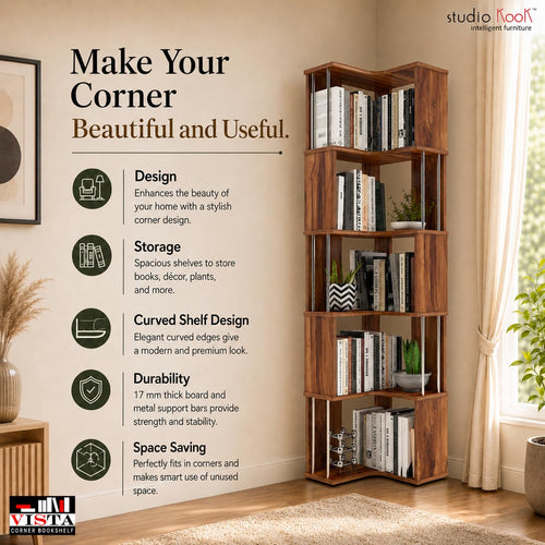 Handcrafted Wooden Corner Bookshelf – Rustic Open Display Storage Rack