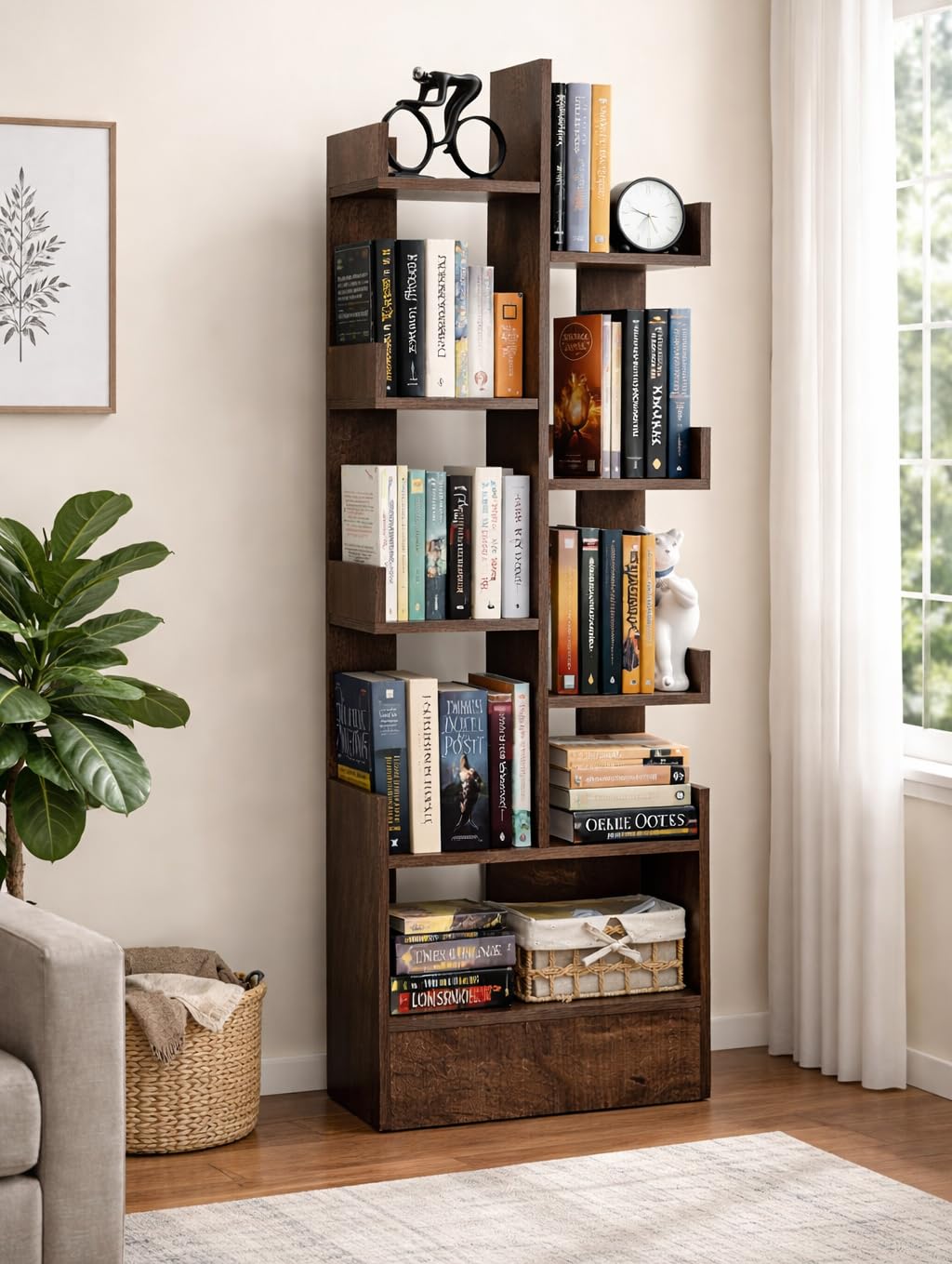 Modern Wooden Bookshelf – Asymmetrical Open Display & Storage Shelf