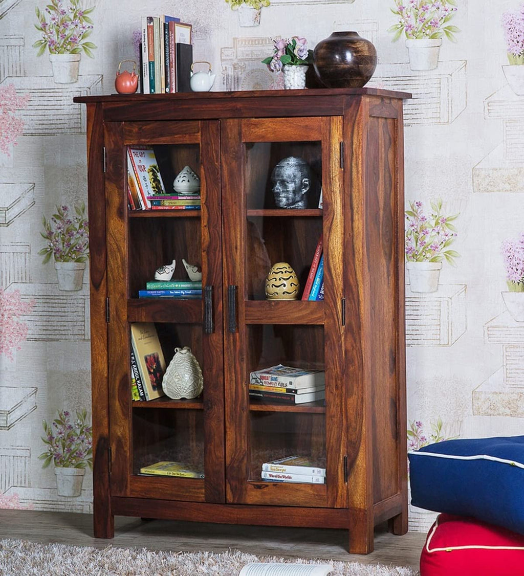 Wooden Bookcase Cabinet – Glass Door Bookshelf with Open Storage Shelves