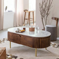 Modern Oval Coffee Table – Wooden Center Table with Marble-Top Look & Drawers