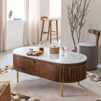 Modern Oval Coffee Table – Wooden Center Table with Marble-Top Look & Drawers