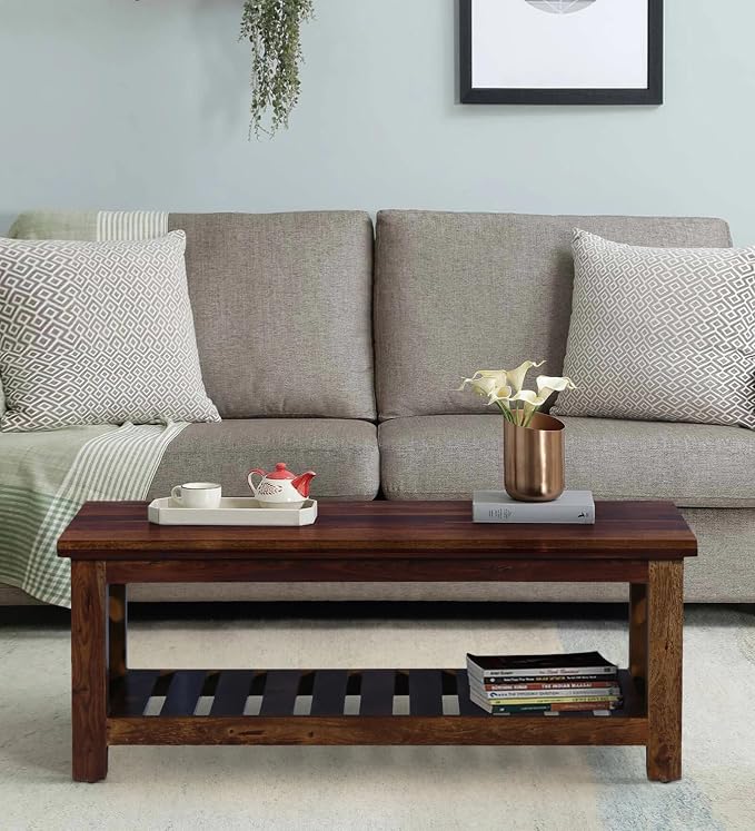 Rustic Wooden Coffee Table – Handcrafted Center Table with Open Shelf