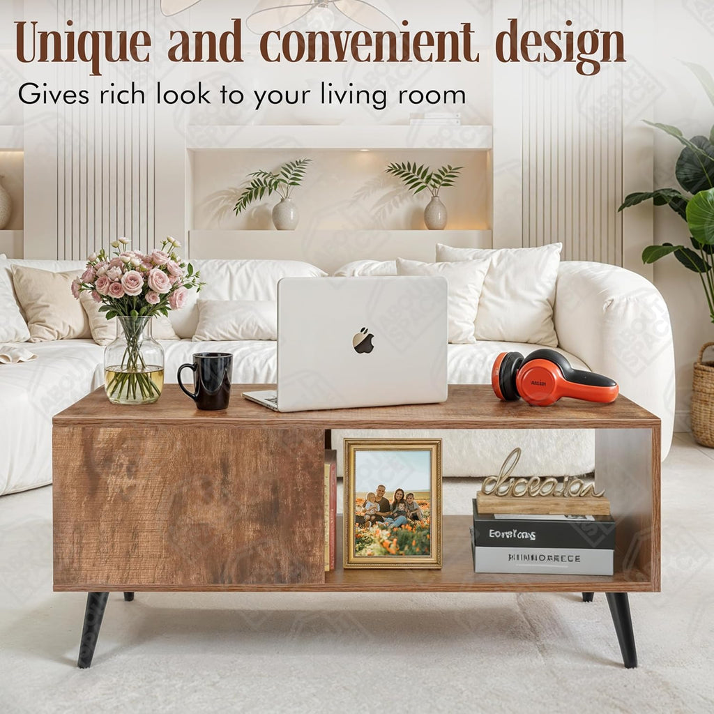 Modern Wooden Coffee Table – Mid-Century Center Table with Open Storage Shelf