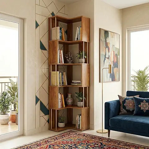 Handcrafted Wooden Corner Bookshelf – Rustic Open Display Storage Rack