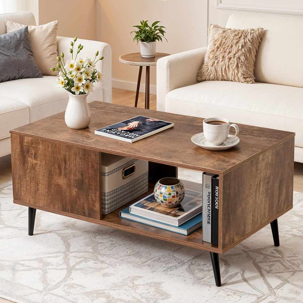 Modern Wooden Coffee Table – Mid-Century Center Table with Open Storage Shelf