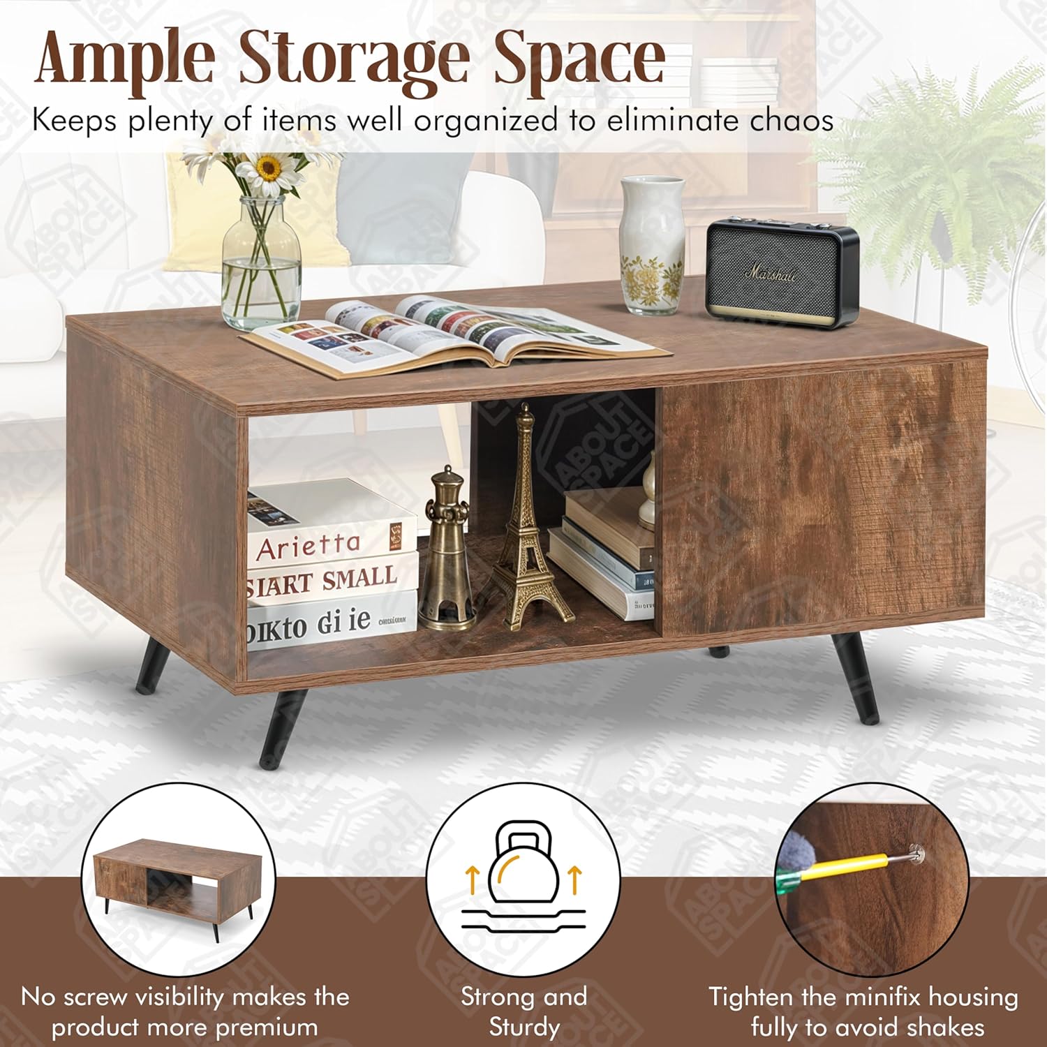 Modern Wooden Coffee Table – Mid-Century Center Table with Open Storage Shelf