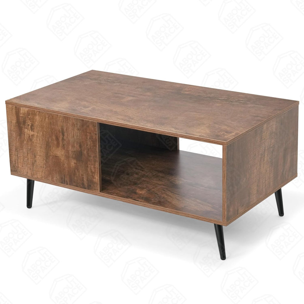 Modern Wooden Coffee Table – Mid-Century Center Table with Open Storage Shelf