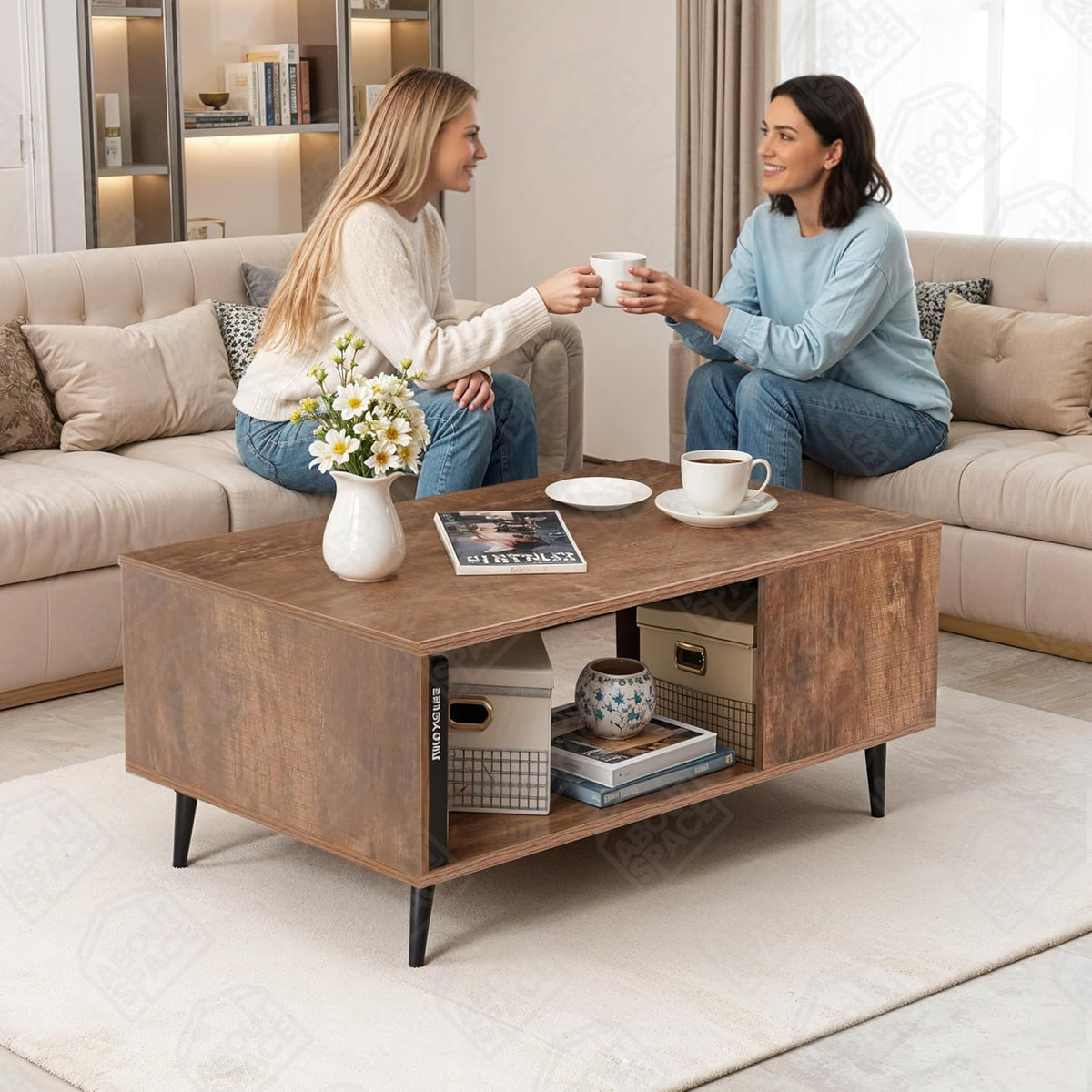 Modern Wooden Coffee Table – Mid-Century Center Table with Open Storage Shelf
