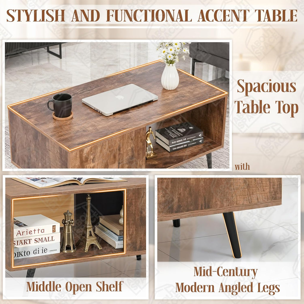 Modern Wooden Coffee Table – Mid-Century Center Table with Open Storage Shelf