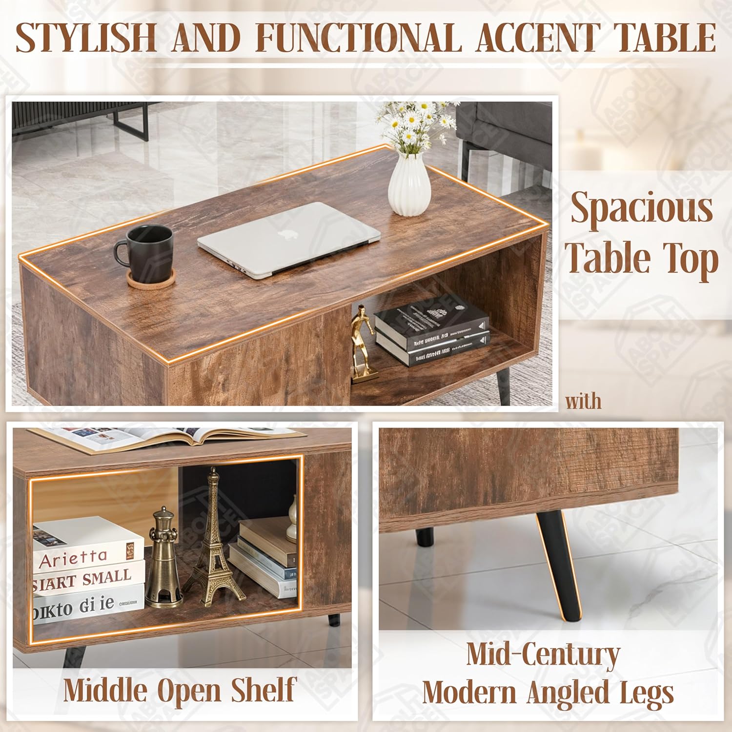 Modern Wooden Coffee Table – Mid-Century Center Table with Open Storage Shelf