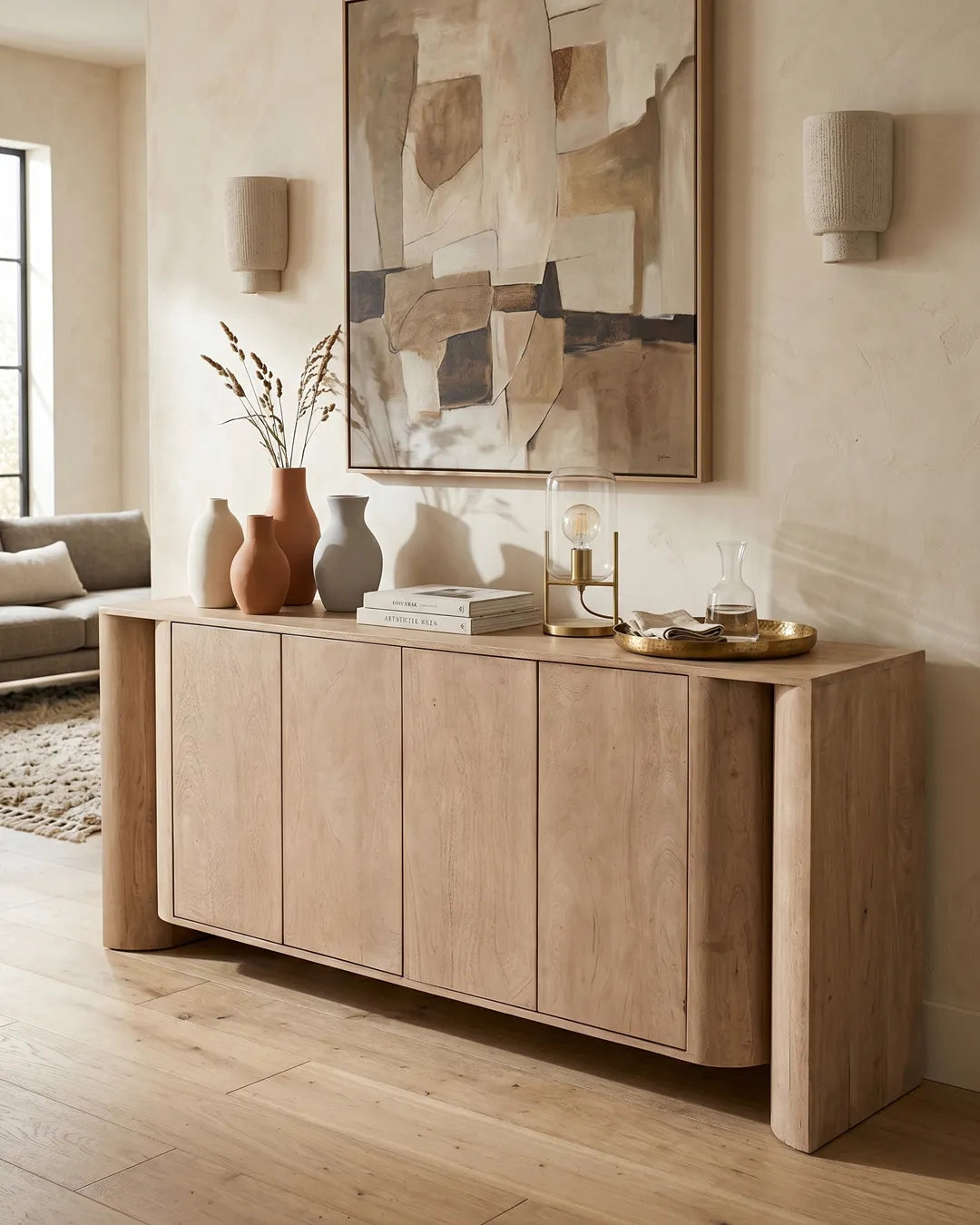 Modern Natural Wood 4-Door Sideboard Cabinet