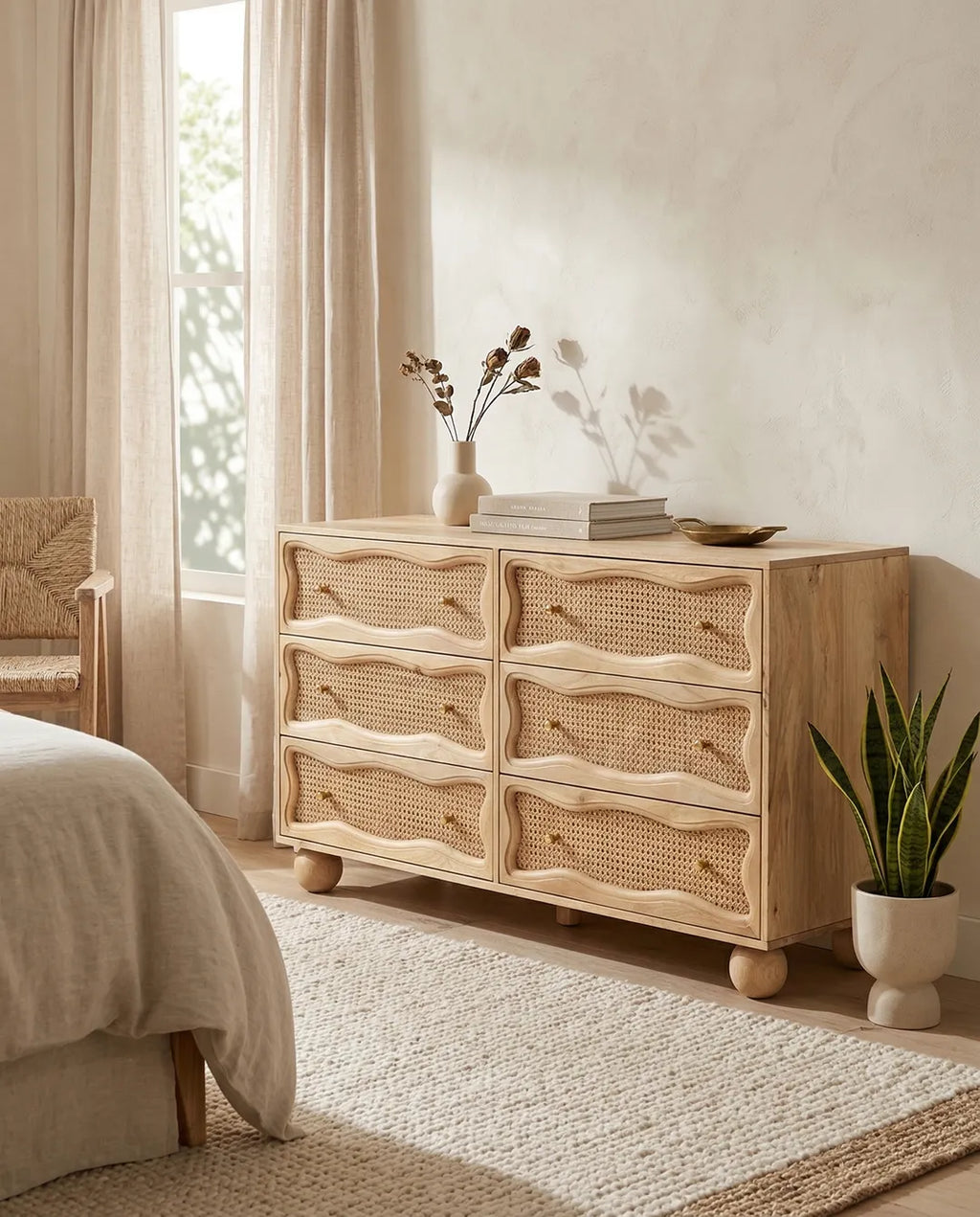 Natural Rattan Wave Front 6-Drawer Chest