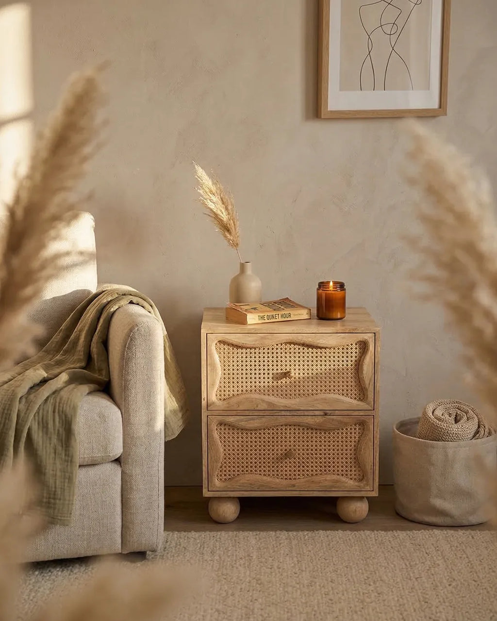 Natural Rattan Wave Front 2-Drawer Side Table